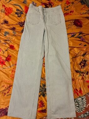 Sezane Light Blue and White Pinstripe Wide Leg Pants